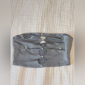 SHEIN grey crop top with teardrop cut outs and pearls